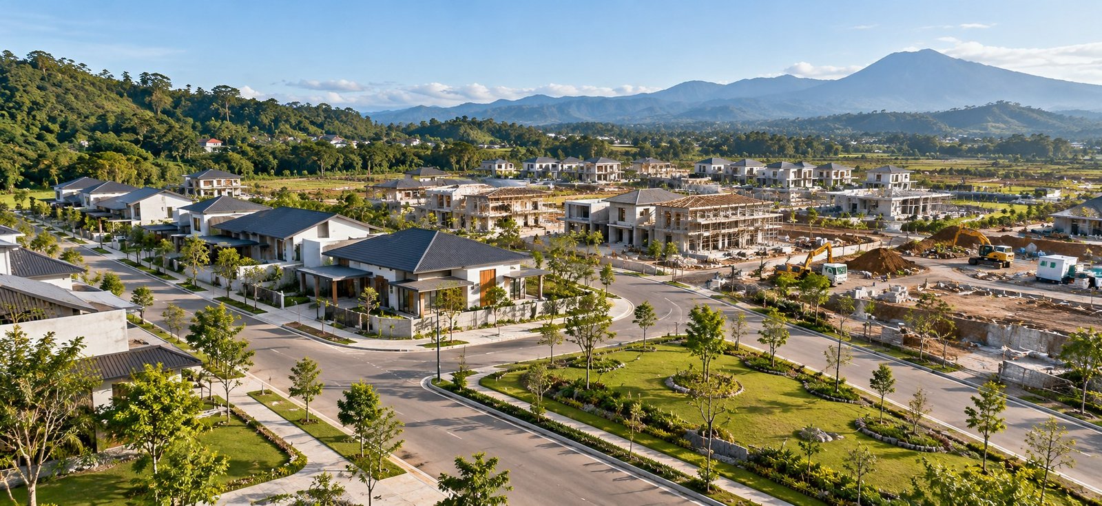 Pengembangan kawasan perumahan modern dengan area pembangunan aktif dan infrastruktur lingkungan